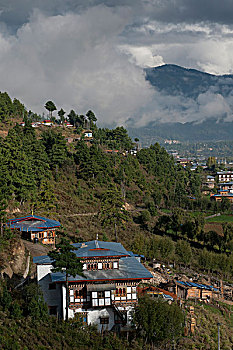 俯拍,城镇,山谷,布姆唐,地区,不丹