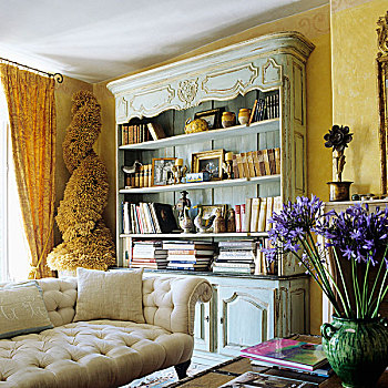 客厅,老式,沙发,正面,灯光,蓝色,书架
