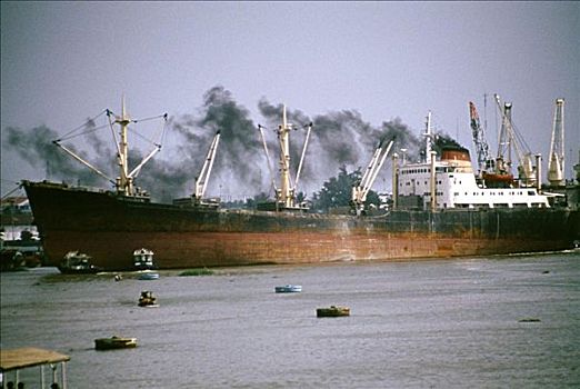 烟,货船,西贡,河,越南