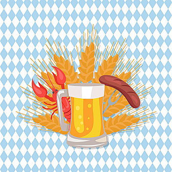 玻璃杯,啤酒,烤香肠,民俗,矢量,烹饪,红色,小龙虾,穗,小麦,海报,设计,节日,方格,背景