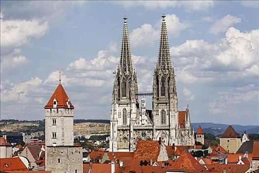 金色,塔,大教堂,雷根斯堡,巴伐利亚,德国