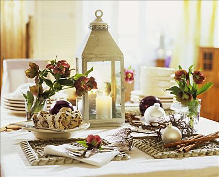 圣诞桌,果子甜面包,灯笼,圣诞玫瑰