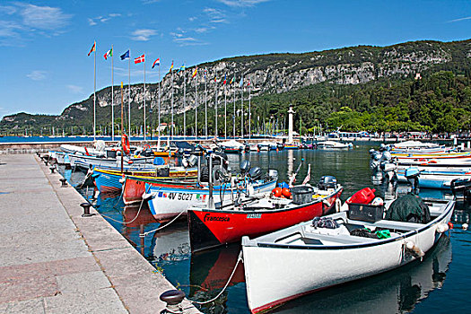 捕鱼,船,码头,港口,水岸,散步场所,加尔达,加尔达湖,维罗纳,省,威尼托,意大利,欧洲