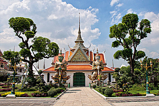 泰国,曼谷,郑王庙,庙宇,两个,监护,雕塑,入口
