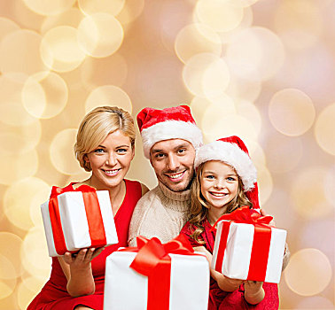 圣诞节,休假,家庭,人,概念,高兴,母亲,父亲,小女孩,圣诞老人,帽子,礼盒,上方,米色,背景