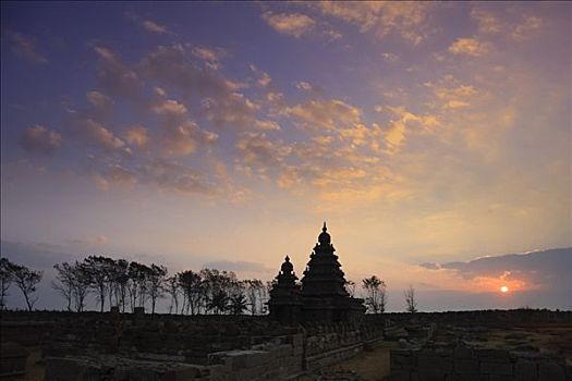 岸边,庙宇,世界遗产,马哈拉里普林,泰米尔纳德邦,印度