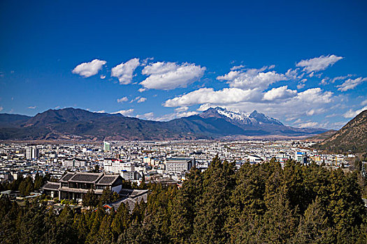 云南,丽江古城,俯拍,全景,玉龙雪山