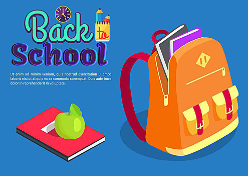 背包,满,书本,课本,苹果,矢量,返校,海报,餐食,插画,学校,拉链,橘色