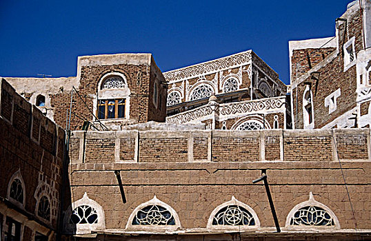 萨那,历史,首都,也门,著名,装饰,高,房子,老城,粉饰灰泥,檐壁,窗户,门