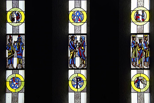 彩色玻璃窗,基督教,内景,教堂,斯瓦比亚,巴登符腾堡,德国,欧洲
