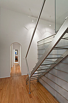 不锈钢,楼梯,靠近,玻璃,钢铁,安装,室内,拱形,入口,传统,氛围
