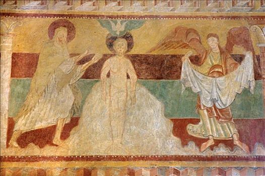 浆果,圣徒,教堂,壁画,12世纪,洗礼,耶稣