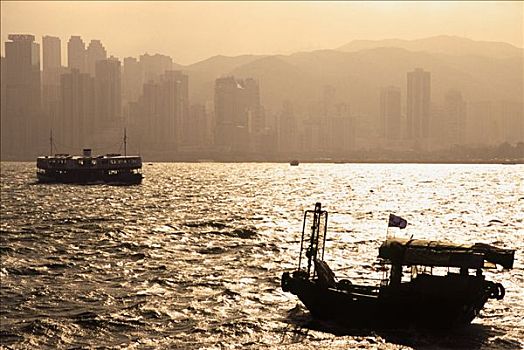 渡轮,传统,中国,船,穿过,维多利亚港,香港