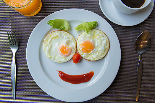 笑脸,油炸,蛋,咖啡,早餐