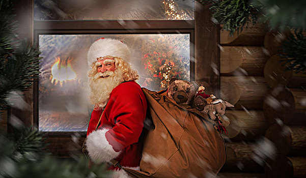 圣诞老人,袋,靠近,木屋,夜晚,户外,平安夜