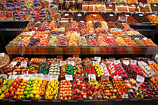 市场货摊,销售,甜食,坚果,老,市场,大厅,兰不拉,巴塞罗那,加泰罗尼亚,西班牙,欧洲