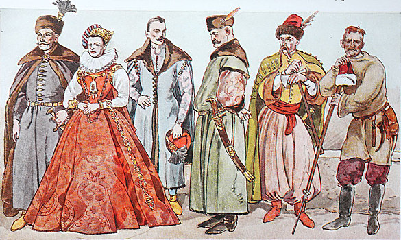 时尚,历史,衣服,波兰,匈牙利,乌克兰,17世纪,世纪,插画,欧洲