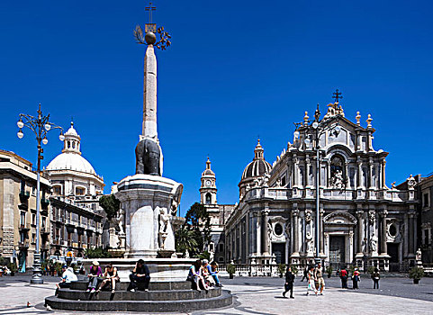 广场,中央教堂,喷泉,大教堂,西西里,意大利,欧洲