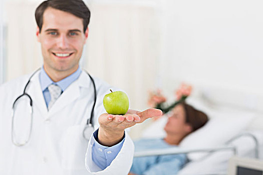 微笑,医生,拿着,苹果,病人,医院