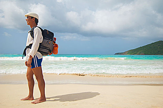 一个,男人,戴着,背包,站立,海滩,波多黎各