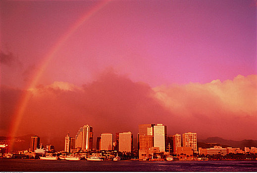 彩虹,上方,城市天际线,檀香山,夏威夷,美国
