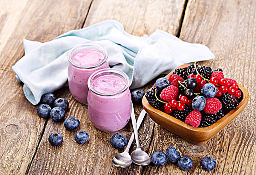 蓝莓,酸奶,新鲜,浆果,木桌子