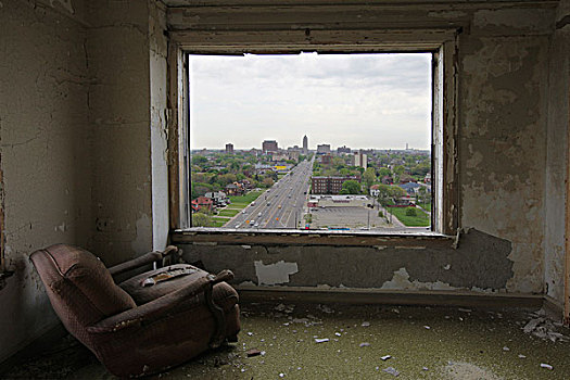 风景,房间,绿色,地毯,酒店,残留,卧室,椅子,面对,窗户,玻璃,底特律,密歇根,美国