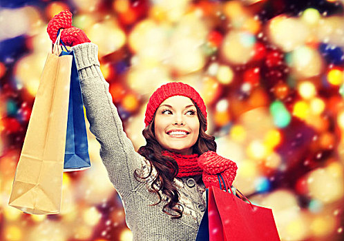 购物,圣诞节,销售,礼物,概念,高兴,亚洲女性,冬天,衣服,购物袋