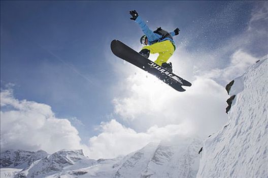 滑雪板玩家,动感,雪,全景,山,背影,瑞士,欧洲