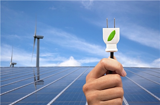 能源,概念,握着,清洁能源,插头,太阳能电池板,风轮机