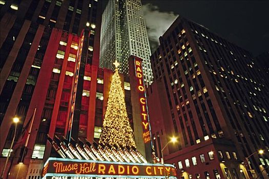无线电城音乐厅,建筑,夜晚,圣诞节,纽约,美国
