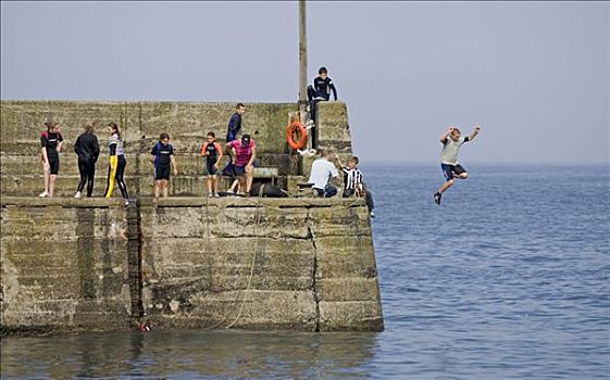 2005年,孩子,跳跃,码头,墙壁,港口