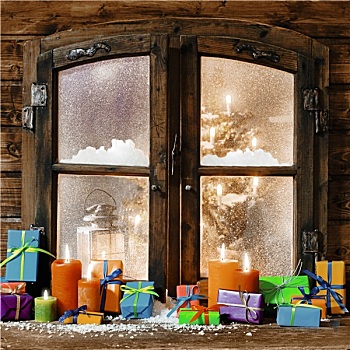 彩色,圣诞礼物,窗台