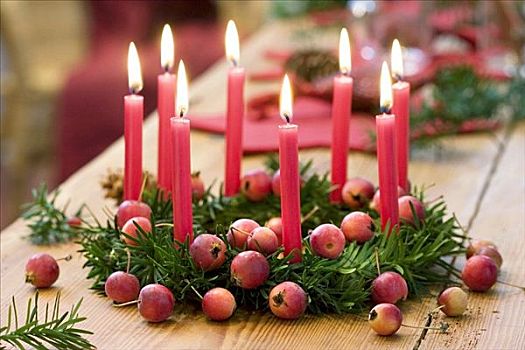 圣诞节,紫杉,花环,观赏苹果,红色,蜡烛