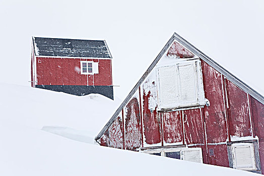 冬季风景,两个,红色,木质,屋舍,山