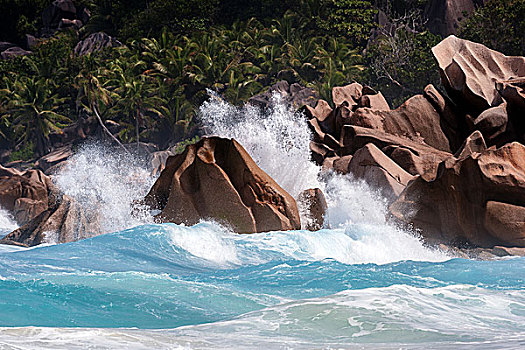 海浪,涡流,海洋,花冈岩,石头,拉迪格岛,印度洋,塞舌尔,非洲