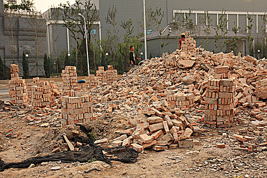 中国,北京,堆,砖,收集,女人,毁坏