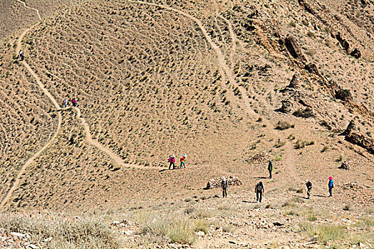 干燥的黄土地徒步的人群