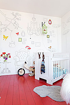 白色,小床,木地板,壁纸,线条,绘画