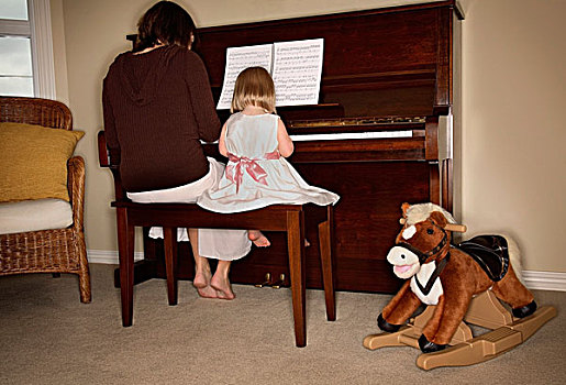 女人,孩子,演奏,钢琴
