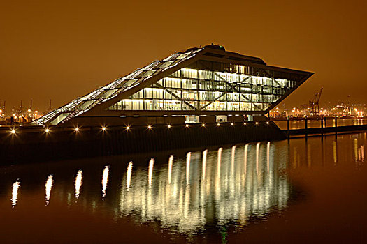 港区,玻璃,办公室,建筑,照明了的晚上,港口,汉堡市,德国,欧洲