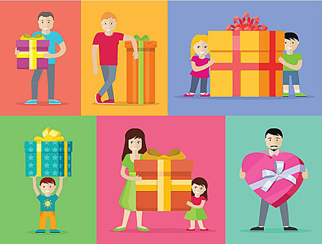高兴,礼物,设计,矢量,微笑,男人,女人,儿童,家庭,站立,大,礼盒,装饰,丝带,蝴蝶结,生日,情人节,圣诞节,庆贺