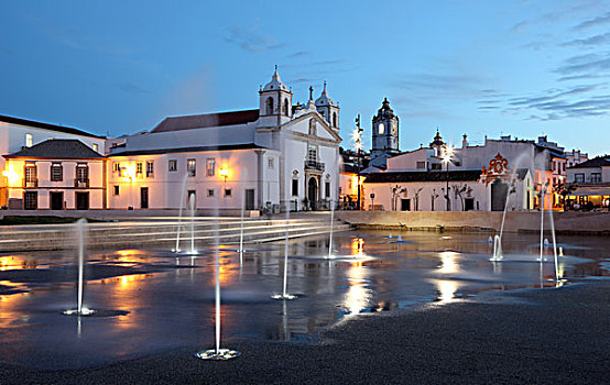 拉各斯,城镇广场,喷泉,光亮,黄昏,阿尔加维,葡萄牙