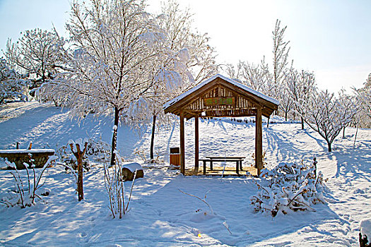 白雪覆盖着的木制凉亭