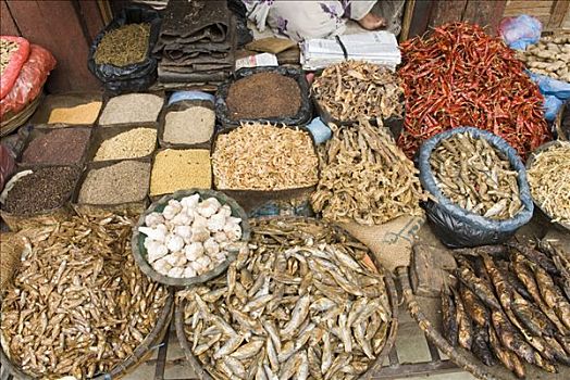 市场,摊亭,干鱼,杜巴广场,加德满都,尼泊尔