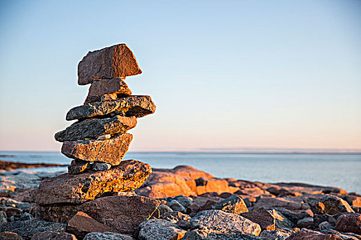 加拿大,努纳武特,领土,夕阳,石头,累石堆,港口,岛屿,哈得逊湾,靠近,北极圈