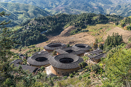 中国福建南靖土楼群,田螺坑土楼风景