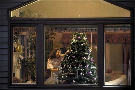 女人,圣诞树,家,窗户