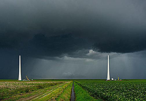 雷暴,接近,风轮机,施工,荷兰