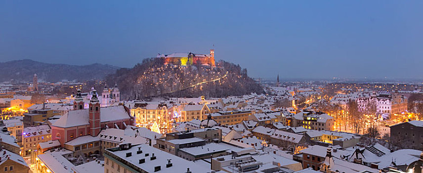 俯视,全景,卢布尔雅那,装饰,圣诞节,休假,斯洛文尼亚,欧洲
